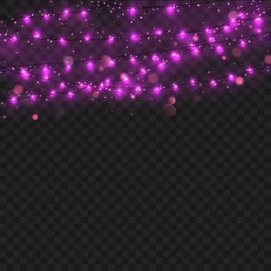 Şeffaf bir arka planda parıldayan mor peri ışıkları. Vektör illüstrasyonu