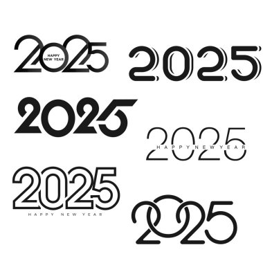 Minimalist 2025 Mutlu Yıllar metin tasarımları siyah beyaz. Vektör illüstrasyonu