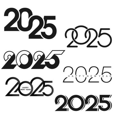Minimalist 2025 Mutlu Yıllar metin tasarımları siyah beyaz. Vektör illüstrasyonu