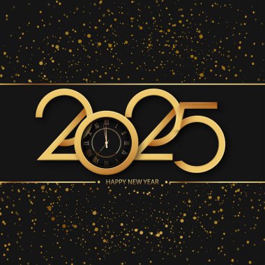 Lüks 2025 Yeni Yıl Geri sayımı, saat ve altın elementlerle. Vektör illüstrasyonu