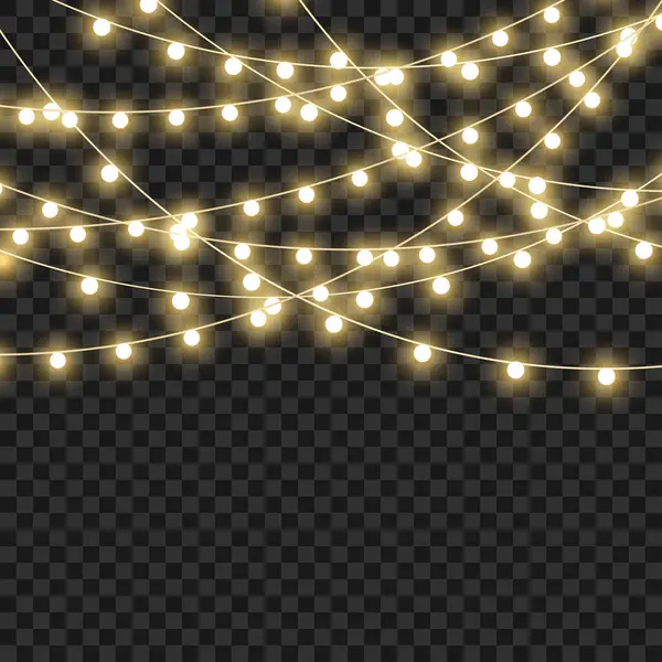 Şeffaf arka planda tatil süsleri için LED Noel çelenkleri. Vektör illüstrasyonu