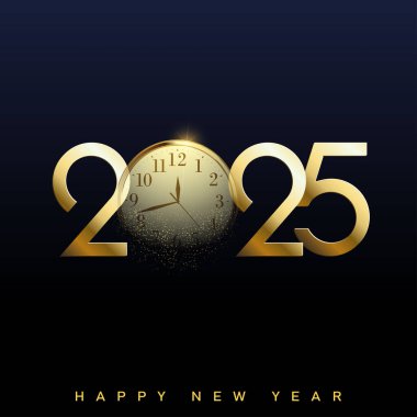 Altın Saat Mutlu Yeni Yıl 2025 Kutlama Kutlaması Tasarımı. Vektör illüstrasyonu