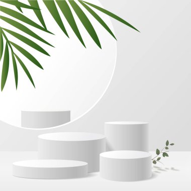 Tropikal Palm Leaf ile Modern Minimalist Beyaz Yaya Gösterimi. Vektör illüstrasyonu