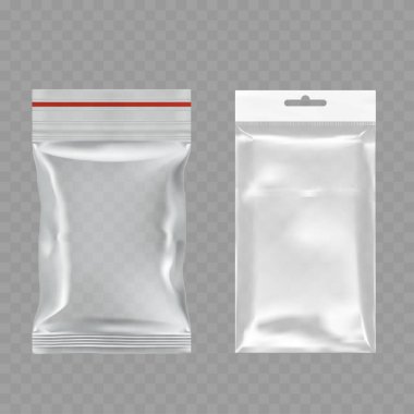 Şeffaf Arkaplan Vektörü illüstrasyonunda Gerçekçi Şeffaf Plastik Paket Paketleri Model Ayarları