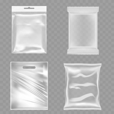 Realistic Transparent Plastic Packaging Bags Mockup Set on Transparent Background Vector illustration clipart