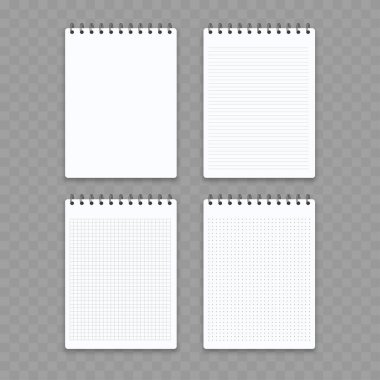 Lined, Grid ve Noktalı Sayfalar ile Boş Spiral Nota Seti. Vektör illüstrasyonu