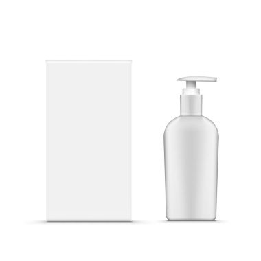 Kutu maketli boş buzlu cam kozmetik şişe. Vektör illüstrasyonu