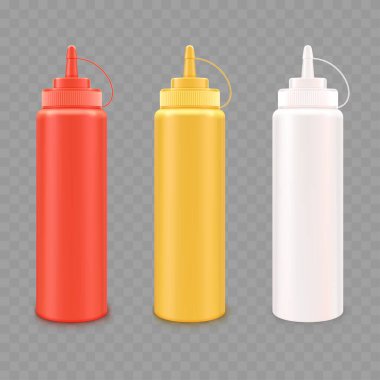 Ketçap, Hardal ve Mayonez Şişe seti. Vektör illüstrasyonu