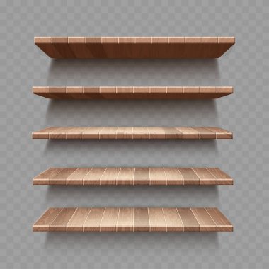 Şeffaf Arkaplanda Gölge 'li Ahşap Duvar Rafları. Vektör illüstrasyonu