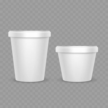 Kapaklı Gerçekçi Beyaz Plastik Bardaklar. Vektör illüstrasyonu