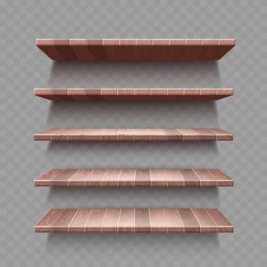 Şeffaf Arkaplanda Gölge 'li Ahşap Duvar Rafları. Vektör illüstrasyonu