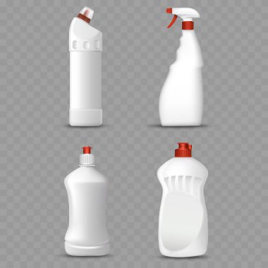 Paket Tasarım Vektörü için Kırmızı Başlık Vektörlü Temizleme Ürünleri Şişeleri.