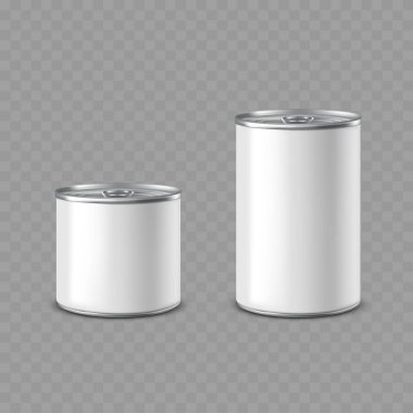 Gerçekçi, boş, beyaz metal yiyecekler, farklı boyutlarda modeller. Vektör illüstrasyonu