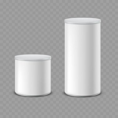 Gerçekçi, boş, beyaz metal yiyecekler, farklı boyutlarda modeller. Vektör illüstrasyonu