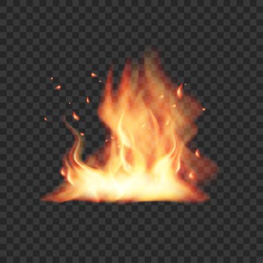 Şeffaf Arkaplanda Kıvılcımlar Olan Gerçekçi Yanan Alevler. Vektör illüstrasyonu