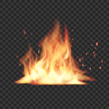 Şeffaf Arkaplanda Kıvılcımlar Olan Gerçekçi Yanan Alevler. Vektör illüstrasyonu