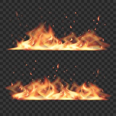 Şeffaf Arkaplanda Kıvılcımlar Olan Gerçekçi Yanan Alevler. Vektör illüstrasyonu