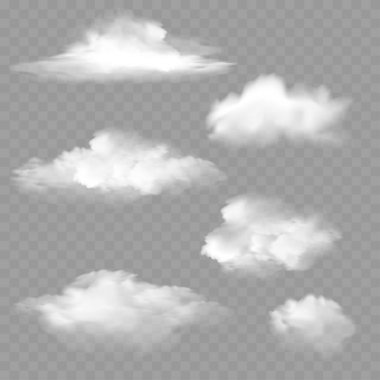 Şeffaf Arkaplanda Gerçekçi Beyaz Kabarık Bulut. Vektör illüstrasyonu