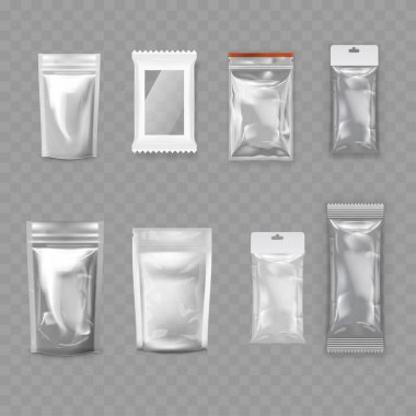 Şeffaf Boş Paket Model Paket Seti - Gerçekçi Paketler. Vektör illüstrasyonu