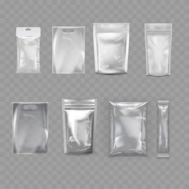 Şeffaf Boş Paket Model Paket Seti - Gerçekçi Paketler. Vektör illüstrasyonu