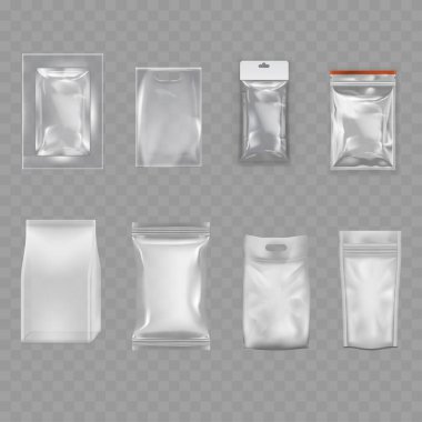 Şeffaf Boş Paket Model Paket Seti - Gerçekçi Paketler. Vektör illüstrasyonu