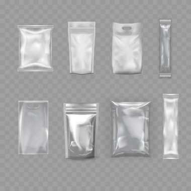 Şeffaf Boş Paket Model Paket Seti - Gerçekçi Paketler. Vektör illüstrasyonu