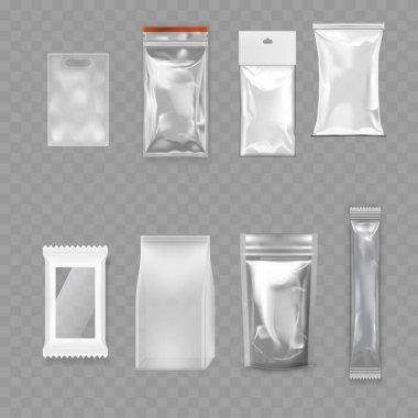 Şeffaf Boş Paket Model Paket Seti - Gerçekçi Paketler. Vektör illüstrasyonu