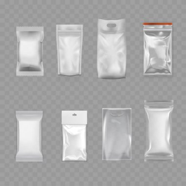Şeffaf Boş Paket Model Paket Seti - Gerçekçi Paketler. Vektör illüstrasyonu
