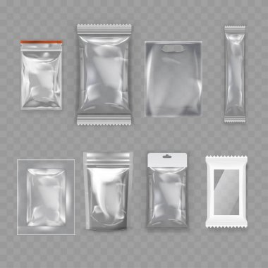 Şeffaf Plastik Paket Paket Koleksiyonu - Yiyecek Torbası Mokup. Vektör illüstrasyonu