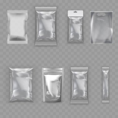 Şeffaf Boş Paket Model Paket Seti - Gerçekçi Paketler. Vektör illüstrasyonu