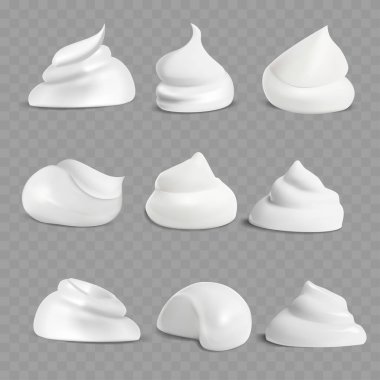 Gerçekçi Beyaz Köpük Dollops Set - Krem Doku Kabarcıkları. Vektör illüstrasyonu