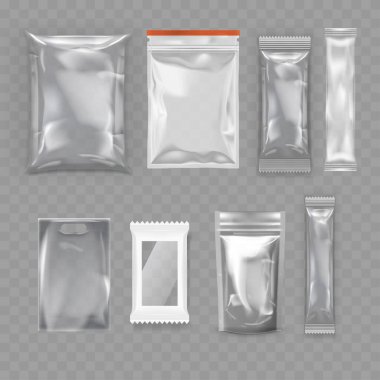 Şeffaf Plastik Paket Paket Koleksiyonu - Yiyecek Torbası Mokup. Vektör illüstrasyonu