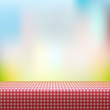 Kareli Kumaşlı Piknik Masası - Yaz Bahçesi. Vektör illüstrasyonu