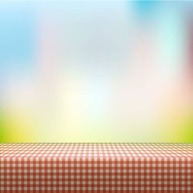 Kareli Kumaşlı Piknik Masası - Yaz Bahçesi. Vektör illüstrasyonu