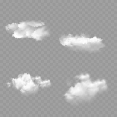 Gerçekçi Beyaz Bulutlar Koleksiyonu - Şeffaf Gökyüzü Efekti Ayarlandı. Vektör illüstrasyonu