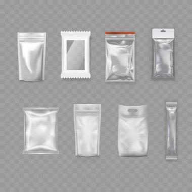 Şeffaf Plastik Paketleme Model Seti - Gerçekçi Kese Koleksiyonu. Vektör illüstrasyonu