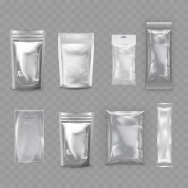 Şeffaf Plastik Paketleme Model Seti - Gerçekçi Kese Koleksiyonu. Vektör illüstrasyonu