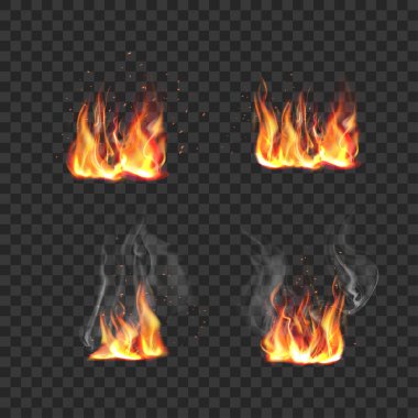 Duman ve Kıvılcımlarla Gerçekçi Ateş Alevleri .Vektör illüstrasyonunu Ayarladı