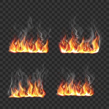 Duman ve Kıvılcımlarla Gerçekçi Ateş Alevleri .Vektör illüstrasyonunu Ayarladı