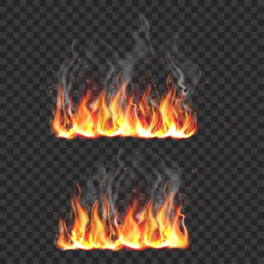 Duman ve Kıvılcımlarla Gerçekçi Ateş Alevleri .Vektör illüstrasyonunu Ayarladı
