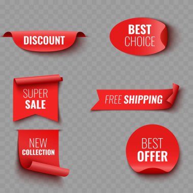 Kırmızı Satış ve Tanıtım Kurdeleleri ve Sancaklar. Vektör illüstrasyonu