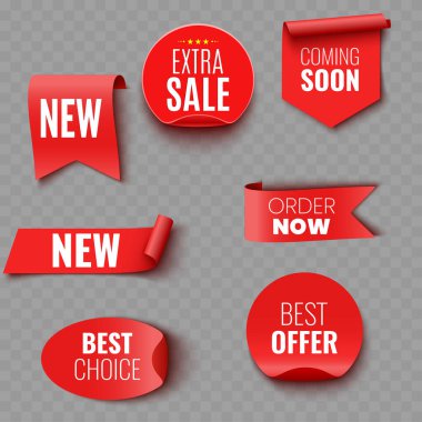 Kırmızı Satış ve Tanıtım Kurdeleleri ve Sancaklar. Vektör illüstrasyonu