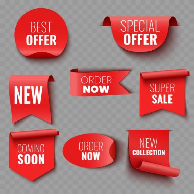 Kırmızı Satış ve Tanıtım Kurdeleleri ve Sancaklar. Vektör illüstrasyonu