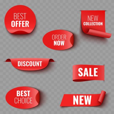 Kırmızı Satış ve Tanıtım Kurdeleleri ve Sancaklar. Vektör illüstrasyonu