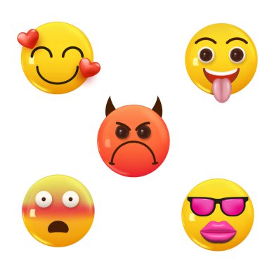 Çeşitli Mutlu 3D Emojis Koleksiyonu Çeşitli İfade Vektörü illüstrasyonu