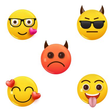 Çeşitli Mutlu 3D Emojis Koleksiyonu Çeşitli İfade Vektörü illüstrasyonu