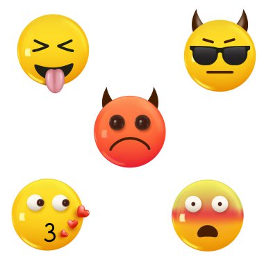 Çeşitli Mutlu 3D Emojis Koleksiyonu Çeşitli İfade Vektörü illüstrasyonu