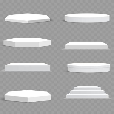 Beyaz Boş Ürün Gösterim Podyumları Seti. Pedestals Showcase Platformu. Vektör illüstrasyonu