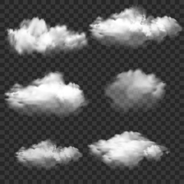 Gerçekçi Beyaz Duman ve Bulut Şekilleri Set. Şeffaf Kaplama. Vektör illüstrasyonu