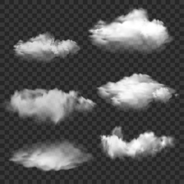 Gerçekçi Beyaz Duman ve Bulut Şekilleri Set. Şeffaf Kaplama. Vektör illüstrasyonu
